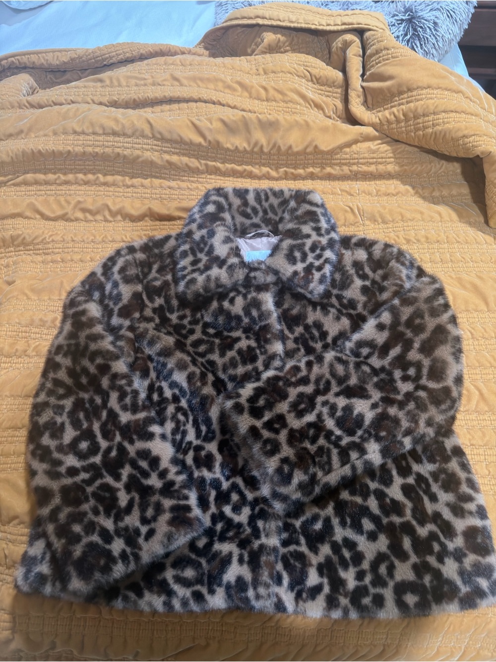 Leopard Print Faux Fur Jacket - Brown - M wine